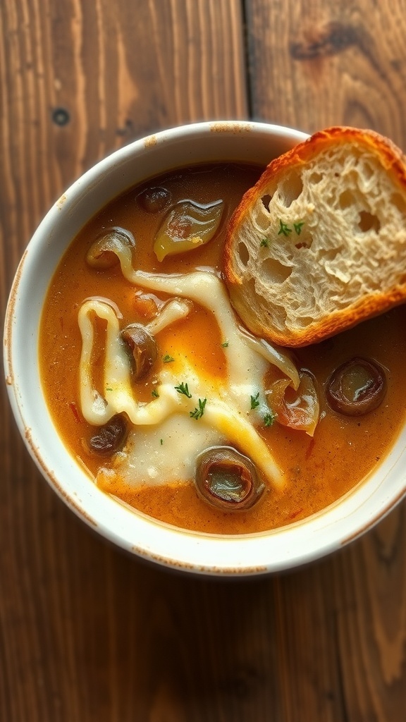 A bowl of French onion soup with melted cheese and toasted bread, garnished with thyme.